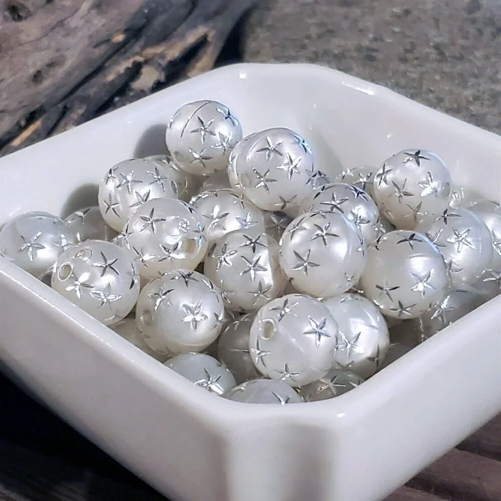Vintage Retro Gray Silver Stars 12mm Round Acrylic Shabby Chic Beads 10 pcs